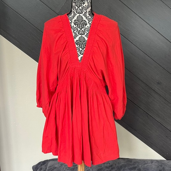 Free People For The Moment Mini Red Smocked Waist Balloon Sleeve Dress - Picture 1 of 7
